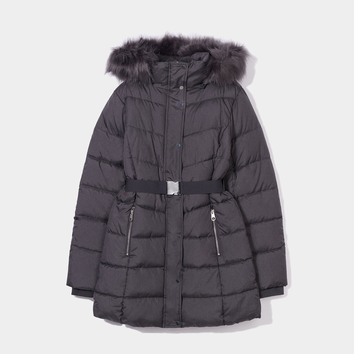 Doudoune ceintur&eacute;e mi-longue &agrave; capuche gris clair femme