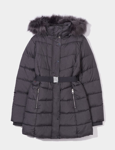 Doudoune ceintur&eacute;e mi-longue &agrave; capuche gris clair femme