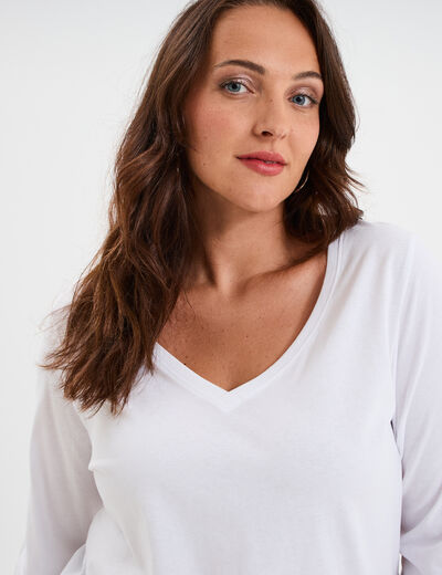 T-shirt col en V manches longues coton blanc femme grande taille