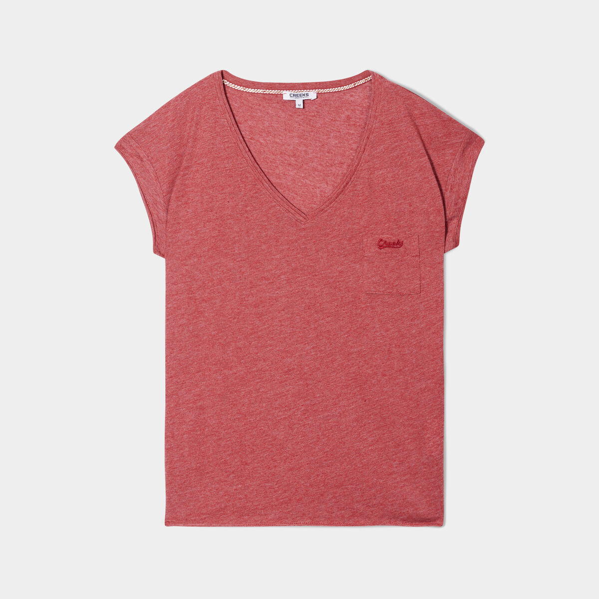 T-shirt col v poche poitrine Creeks rouge foncé femme