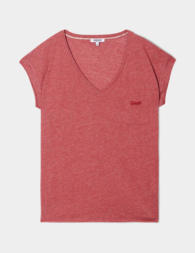 T-shirt col v poche poitrine Creeks rouge foncé femme