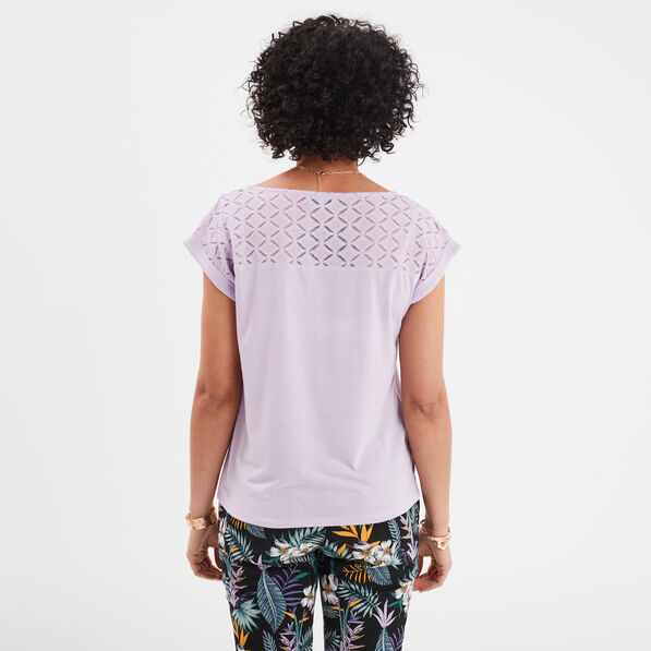 t shirt col en v dentelle epaules et dos violet clair femme T-shirt col en V dentelle épaules et dos violet clair femme