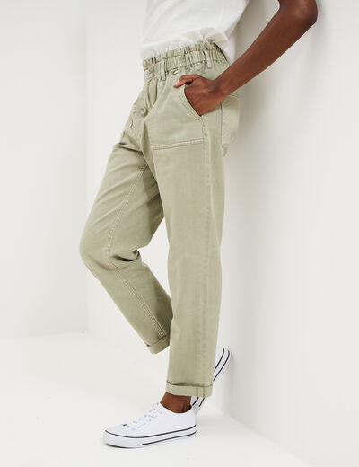 Pantalon paperbag cropped coton vert kaki femme