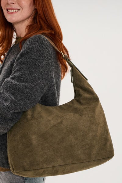 Sac effet su&eacute;dine zipp&eacute; grand format vert kaki femme