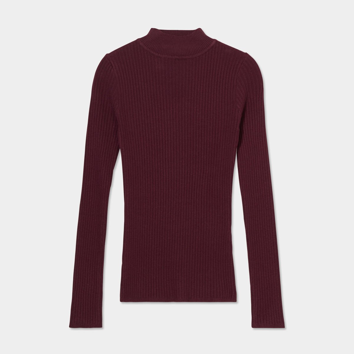 Pull ajusté côtelé col montant prune femme
