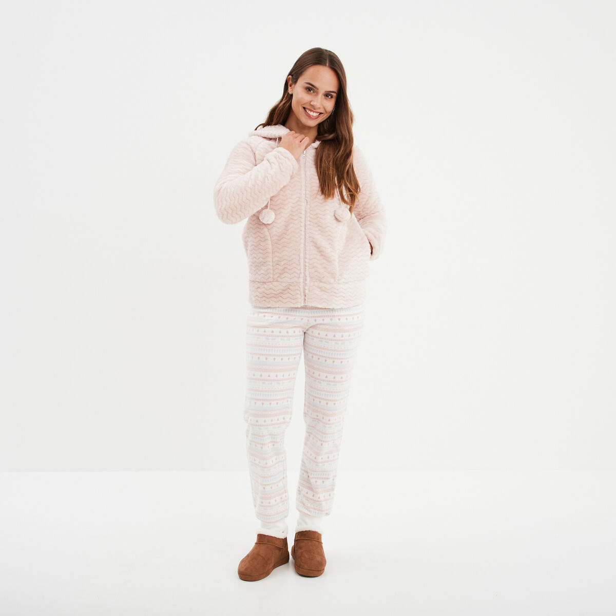 Veste de pyjama effet velours &agrave; capuche vieux rose femme