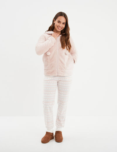 Veste de pyjama effet velours &agrave; capuche vieux rose femme