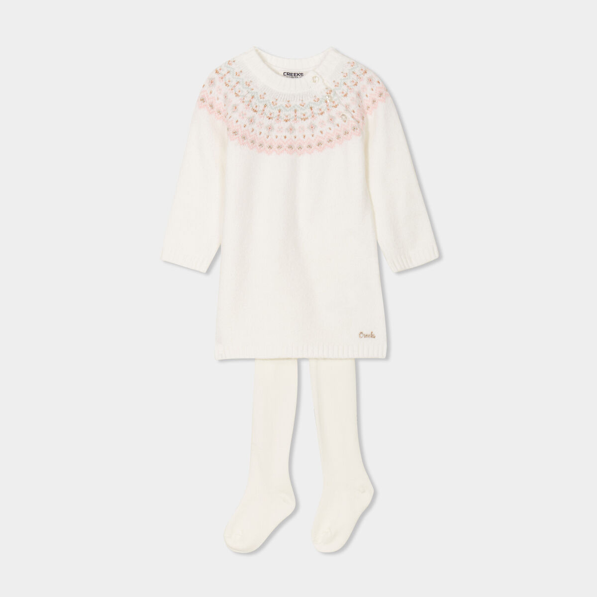 Ensemble robe pull et collants Creeks blanc b&eacute;b&eacute; fille