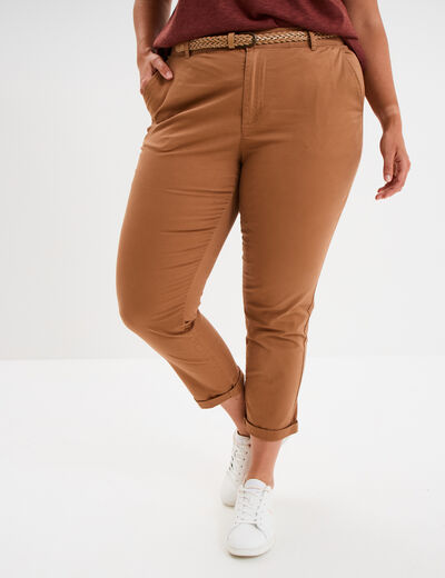 Pantalon chino cigarette ceinturé coton marron clair femme grande taille