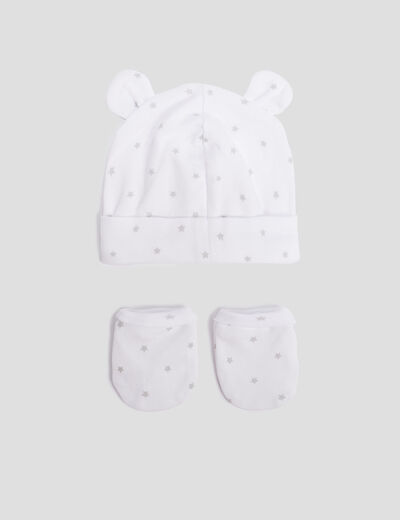 Ensemble bonnet et moufles coton blanc bébé