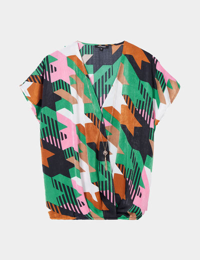 Blouse bijoux col en V manches courtes ecru femme