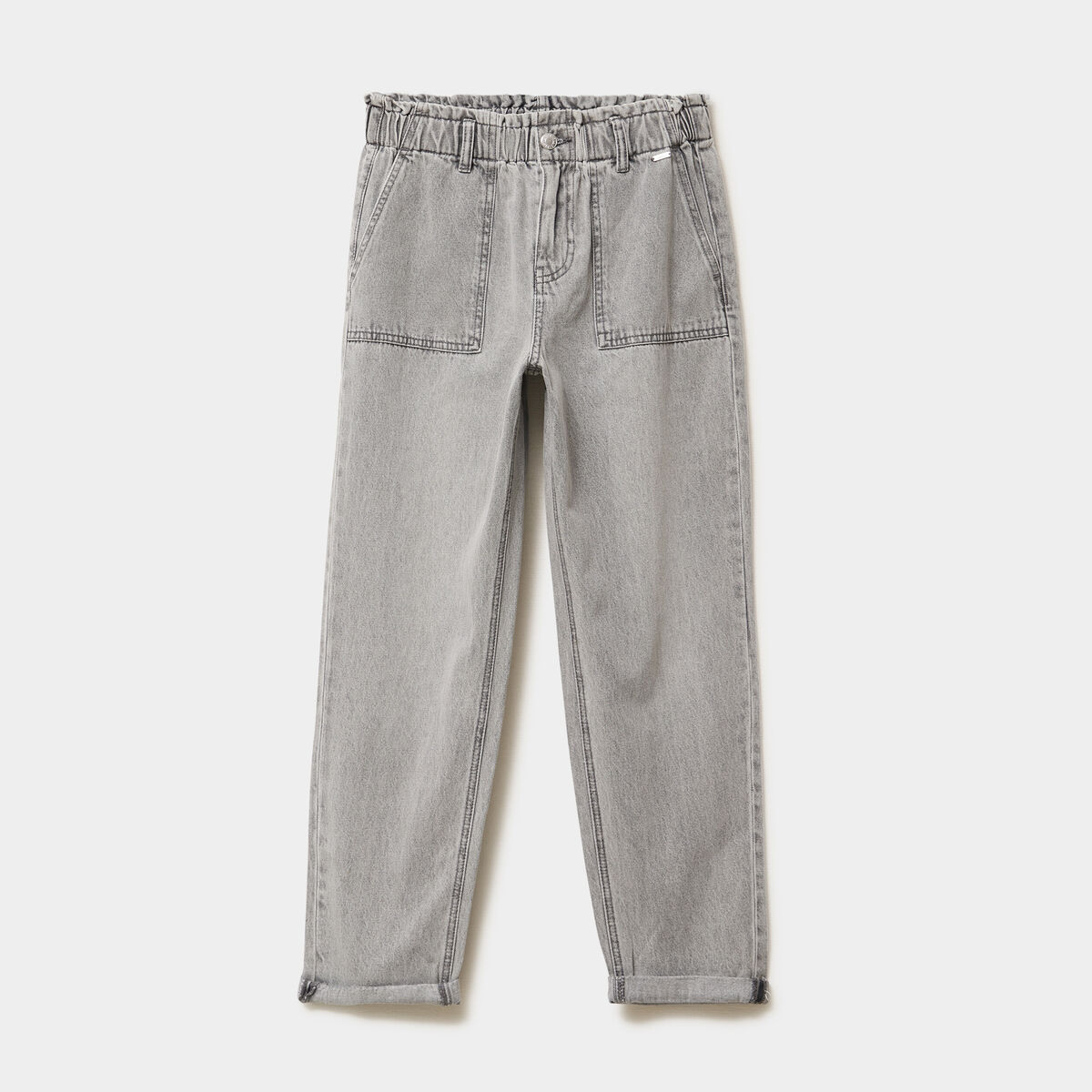Jean paperbag cropped taille &eacute;lastiqu&eacute;e denim gris femme