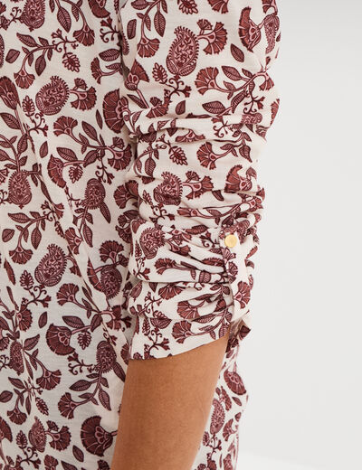 T-shirt col mao manches retroussables ecru femme