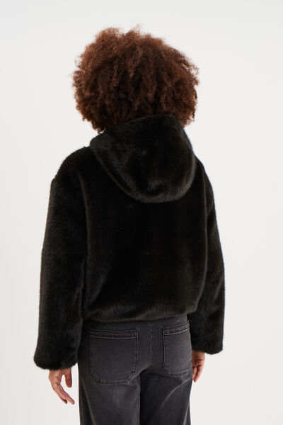Parka r&eacute;versible capuche fausse fourrure noir femme