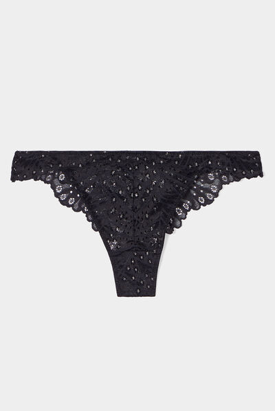 Tanga en dentelle fils métallisés noir femme