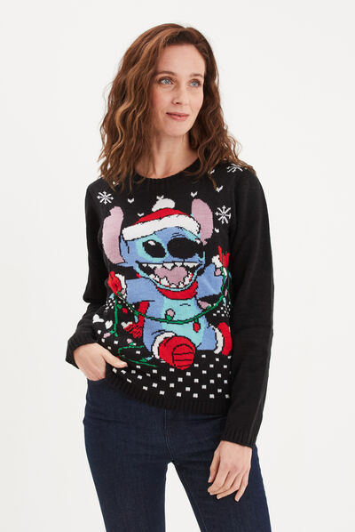 Pull de Noël col rond Stitch noir femme