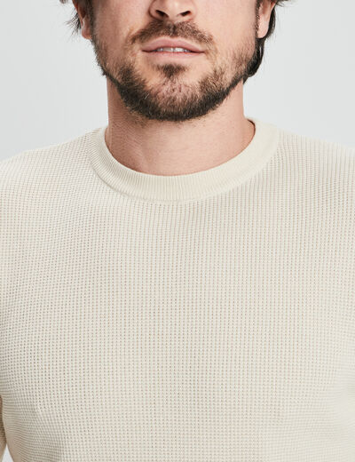 Pull en maille textur&eacute;e col rond creme homme
