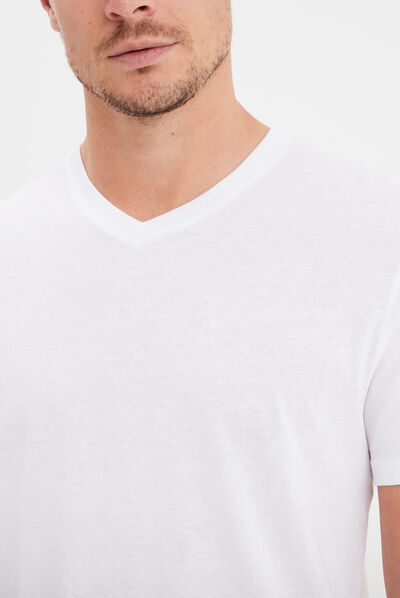 T-shirt manches courtes coton col V blanc homme