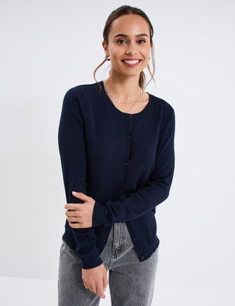Gilet col rond manches longues bleu marine femme