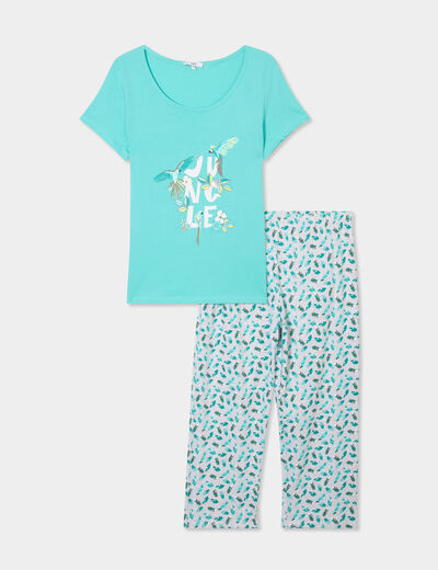 Ensemble pyjama corsaire 2 pièces coton bleu turquoise femme