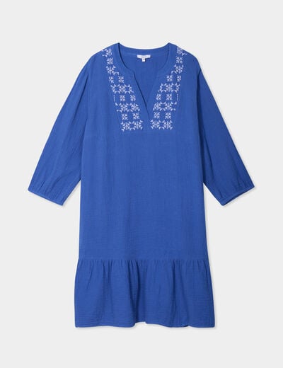 Robe brodée évasée gaze de coton bleu roi femme grande taille