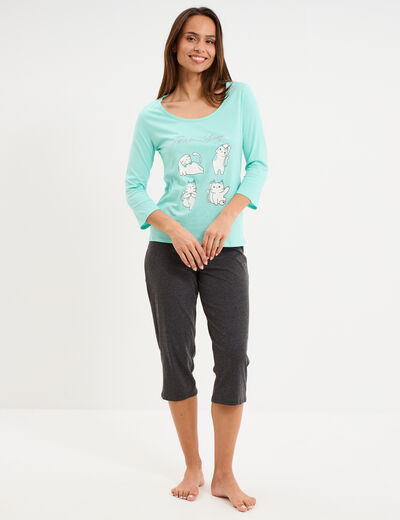 Ensemble pyjama corsaire et t-shirt bleu turquoise femme