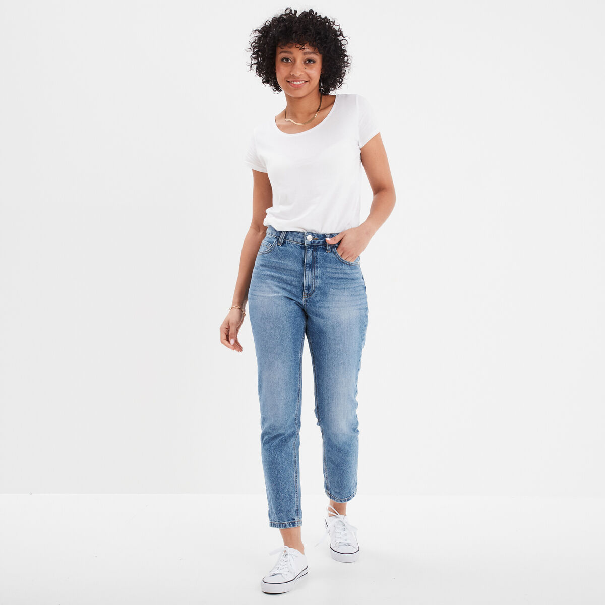 Jeans mom 7/8&egrave;me taille haute coton denim double stone femme