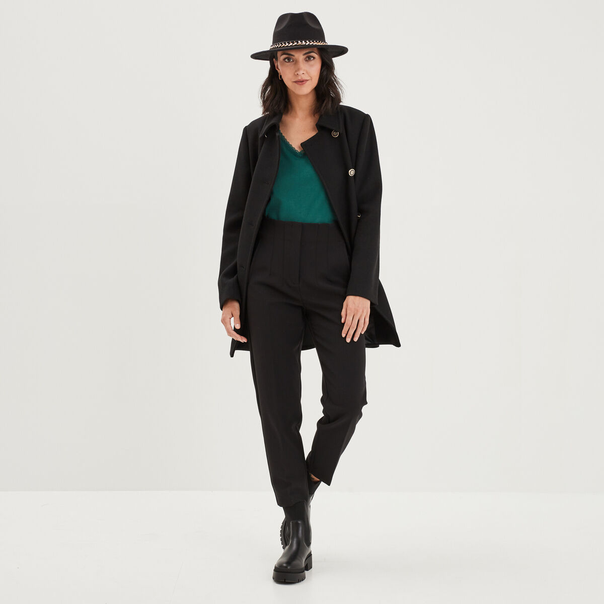 Caban boutonné mi-long noir femme