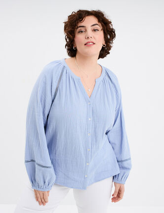 Blouse manches longues gaze de coton bleu clair femme grande taille