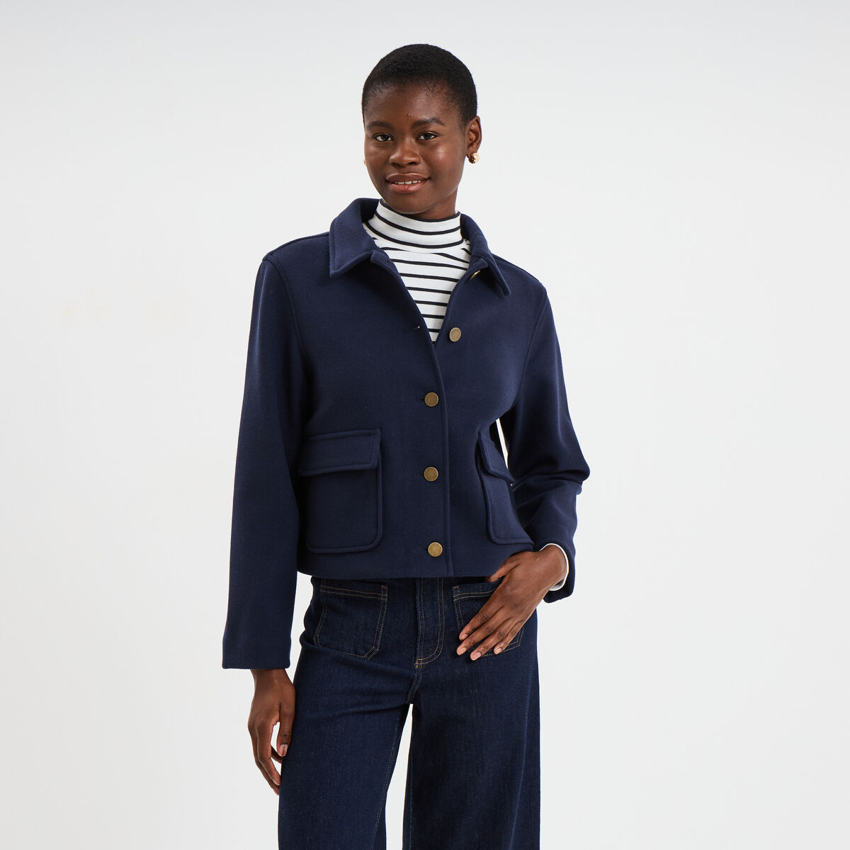 Blouson boutonn&eacute; 2 poches bleu fonc&eacute; femme