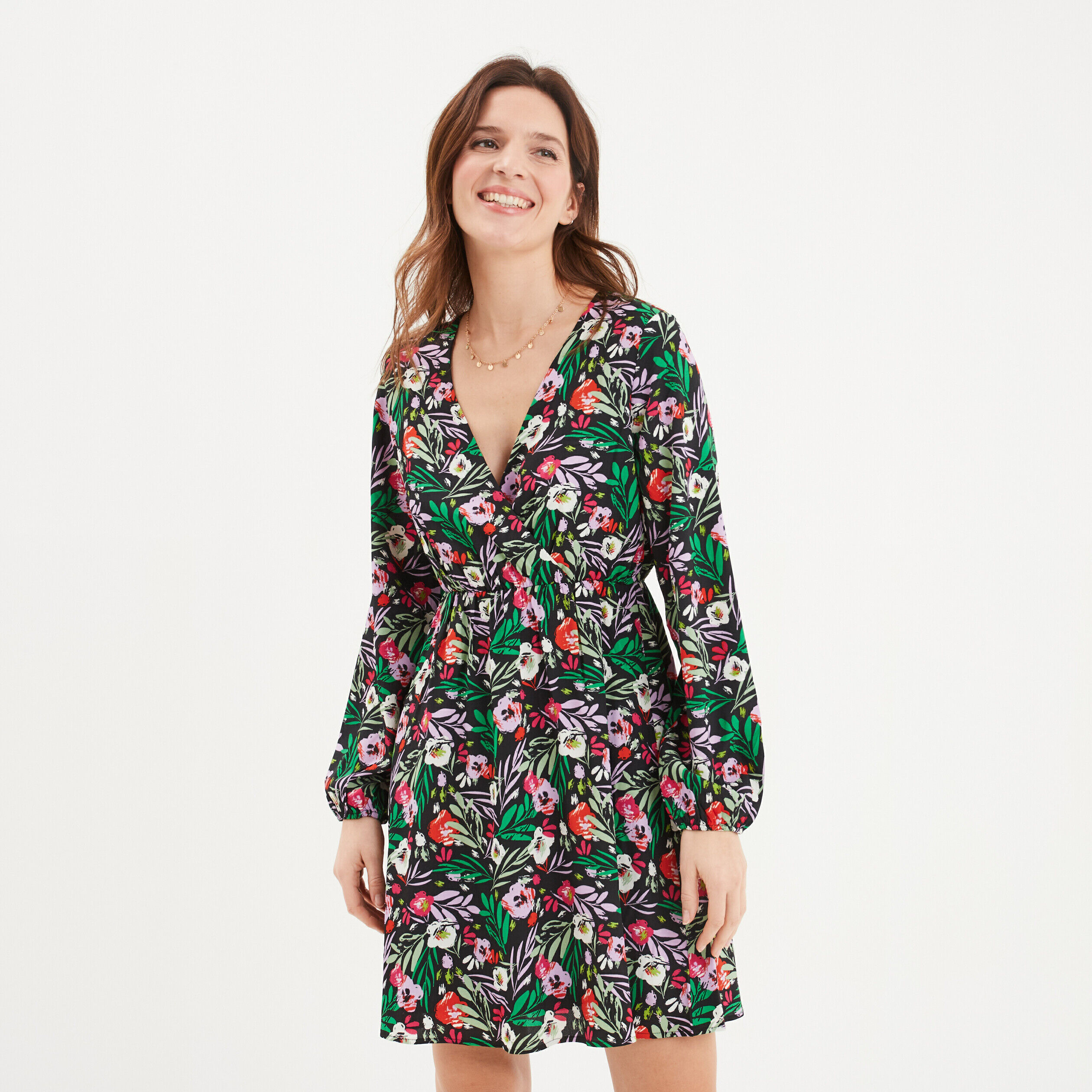 Robe courte fluide col cache-coeur noir femme LH