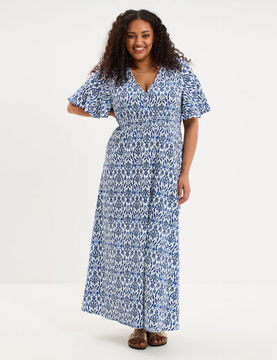 Robe longue col V manches papillons ecru femme grande taille