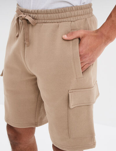 Bermuda cargo molleton taille &eacute;lastiqu&eacute;e taupe homme