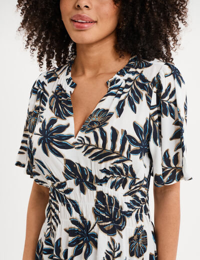 Robe longue col tunisien manches courtes ecru femme