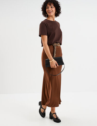 Jupe effet satin midi évasée beige femme
