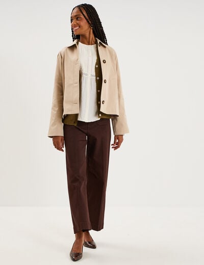 Trench court boutonn&eacute; beige femme