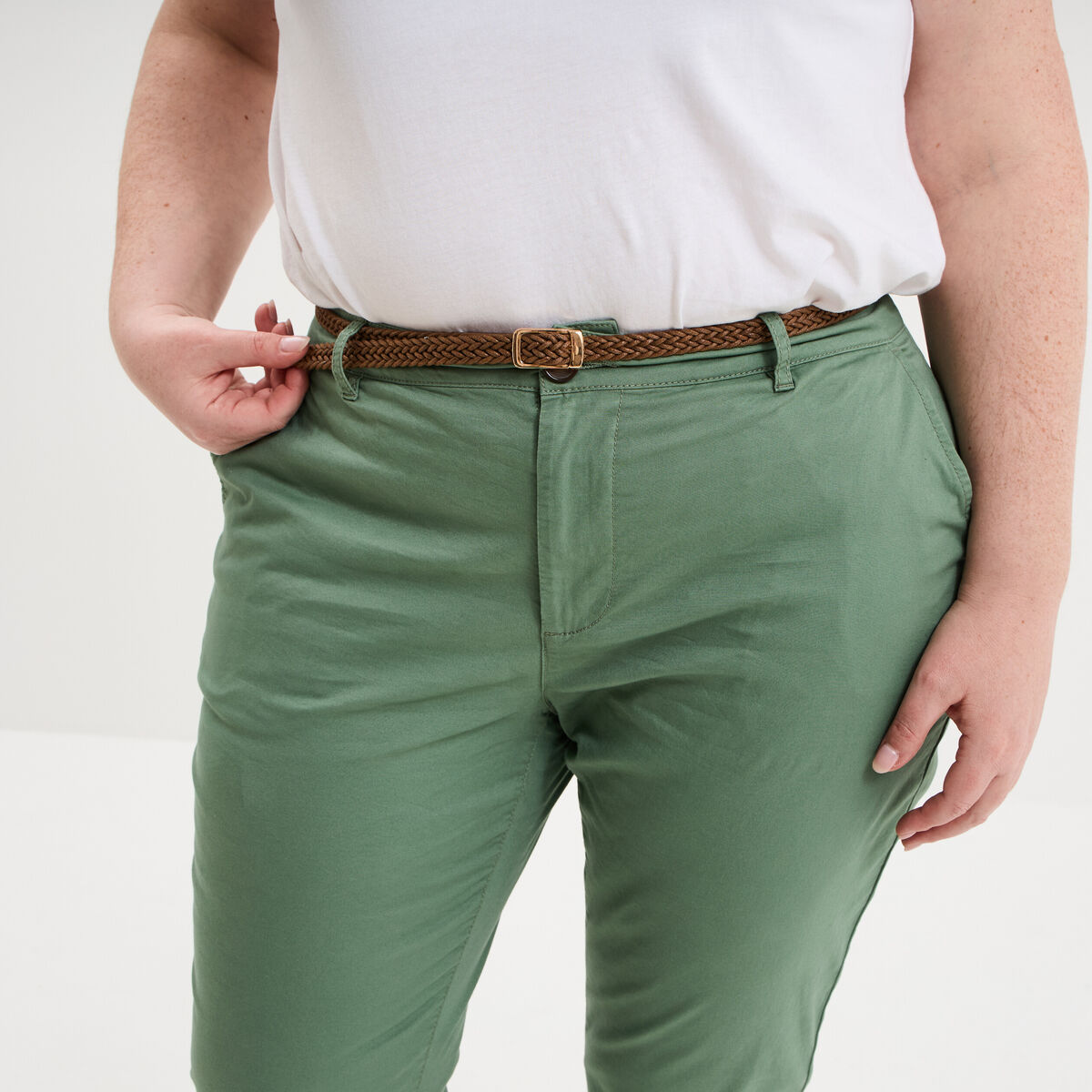 Pantalon chino taille haute coton vert kaki femme grande taille