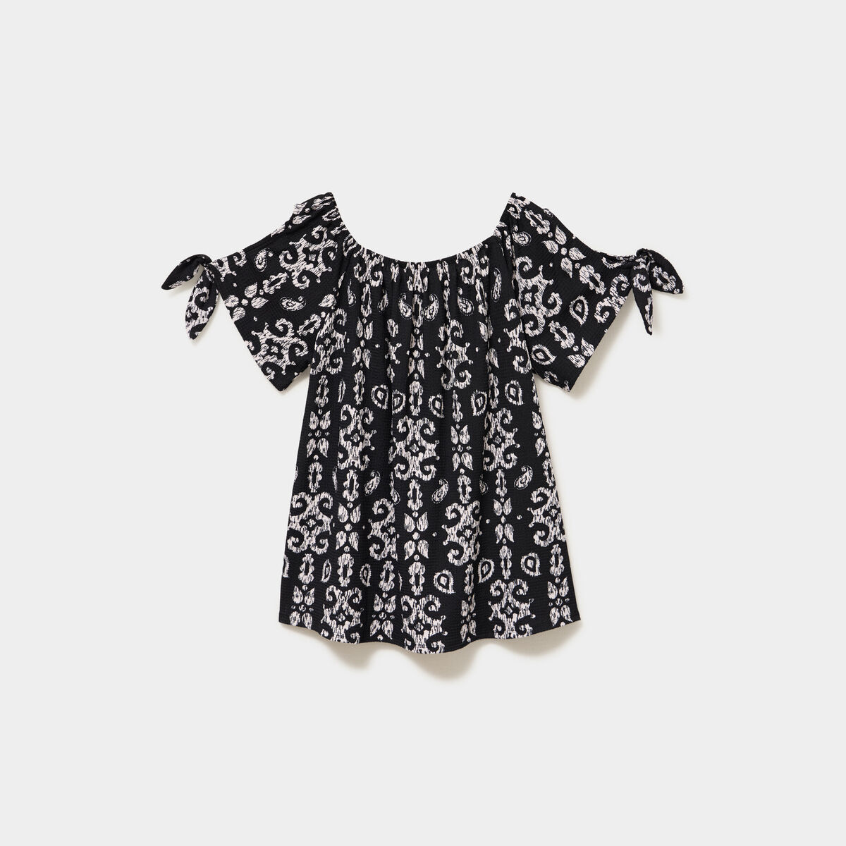 T-shirt gaufr&eacute; avec manches &agrave; noeuds noir femme grande taille