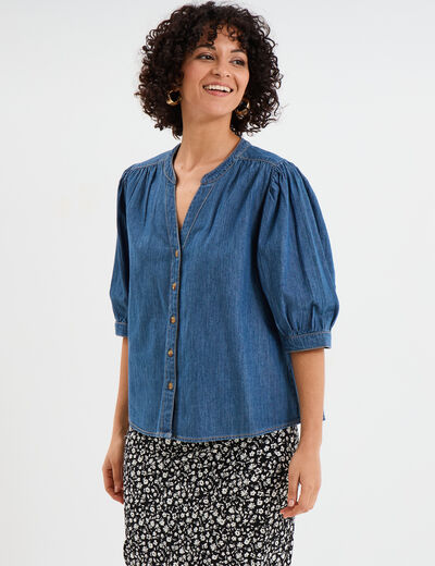 Blouse manches ballons en jean coton denim stone femme