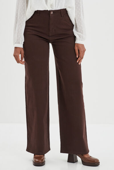 Pantalon large taille haute marron foncé femme
