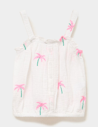 Blouse brod&eacute;e &agrave; bretelles gaze de coton ecru fille