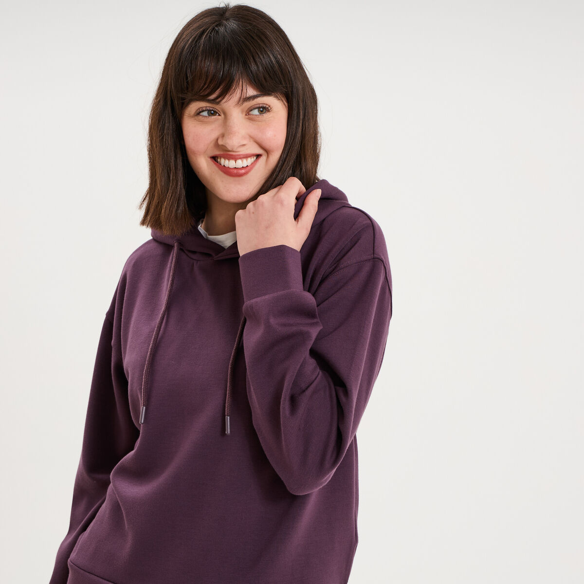 Sweat hoodie manches longues &agrave; capuche violet fonc&eacute; femme