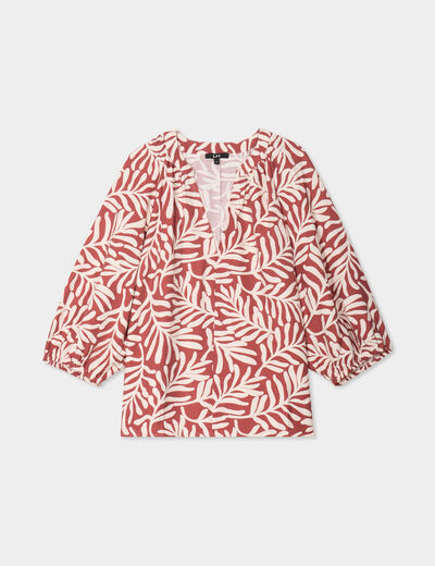Blouse manches 3/4 ballons col tunisien terracotta femme