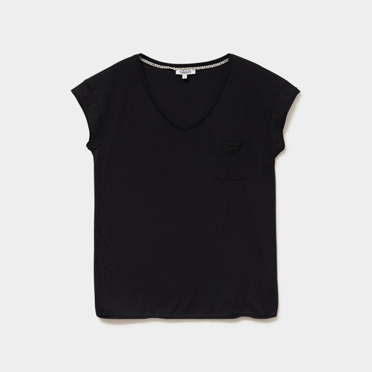 T-shirt col v poche poitrine noir femme