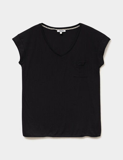 T-shirt col v poche poitrine noir femme