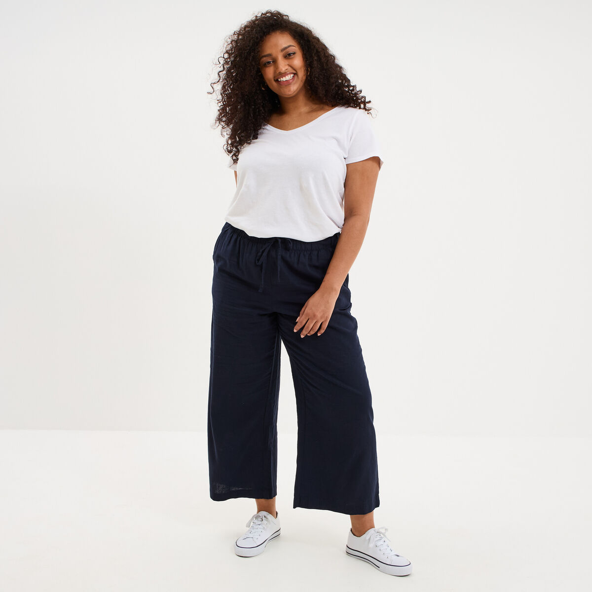 Pantalon large cropped lin m&eacute;lang&eacute; bleu fonc&eacute; femme grande taille