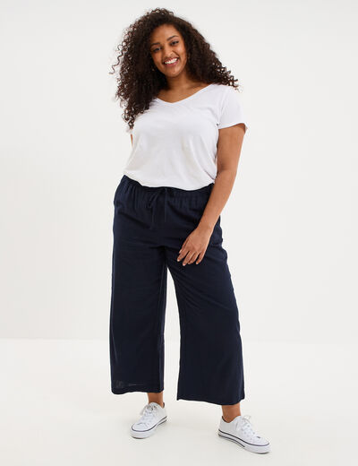 Pantalon large cropped lin m&eacute;lang&eacute; bleu fonc&eacute; femme grande taille