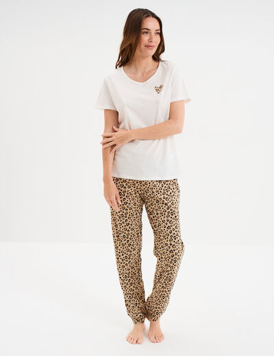 Ensemble pyjama pantalon t-shirt coton beige femme