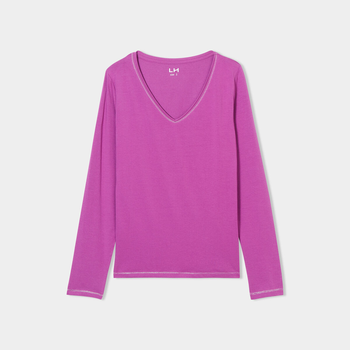 T-shirt manches longues col en V coton violet femme