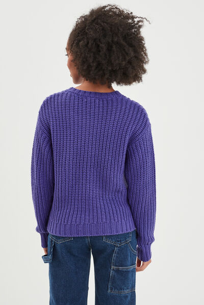 Pull côtelé col rond manches longues violet femme